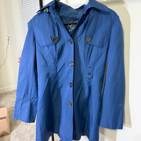 Guess Womens Blue Iridescent Button Trench Coat Luxury Old Money Preppy City M - Picture 8 of 8